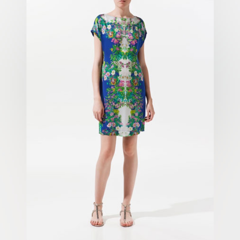 Zara Floral Silk Blue & White Shift Dress